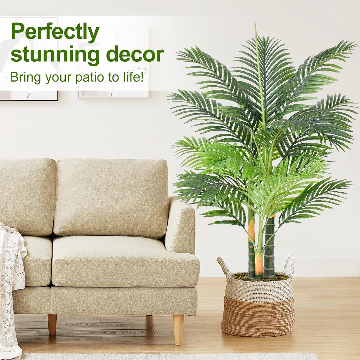 4ft tall triple golden cane palm artificial tree, close-up detail