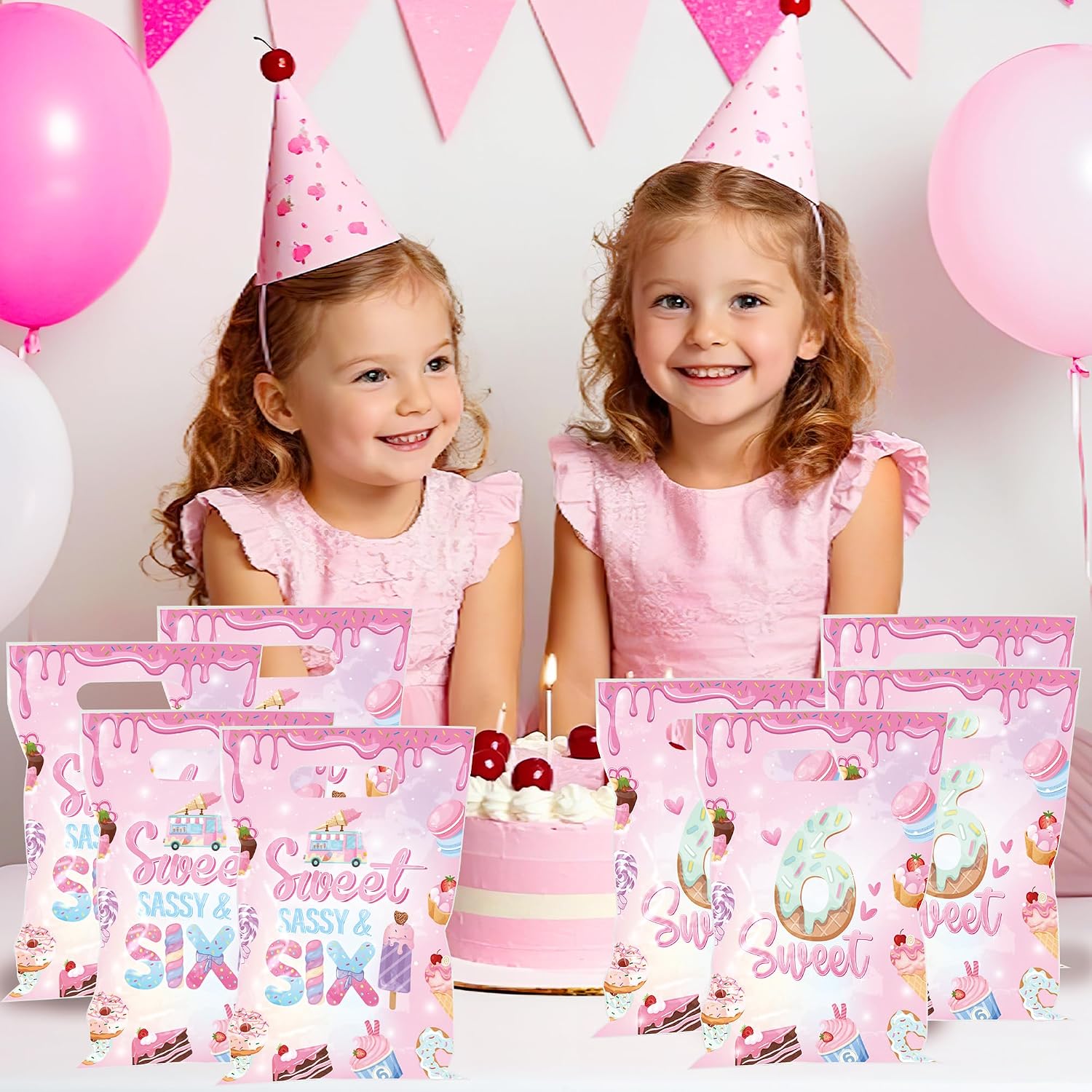 EoBeCy Sweet Sassy and Six Birthday Decorations for Girls, 50 Pcs 6th Birthday Plastic Treat Candy Goodie Treat Gift Bags with Handles, Pink Donut Ice Cream Themed 6 Year Old Party Favor Bags
