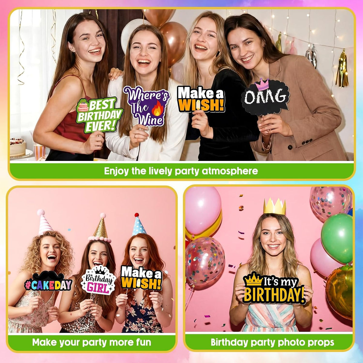 Beeveer 24 Pcs Birthday Photo Booth Props Single Sided 9" Photo Booth Props