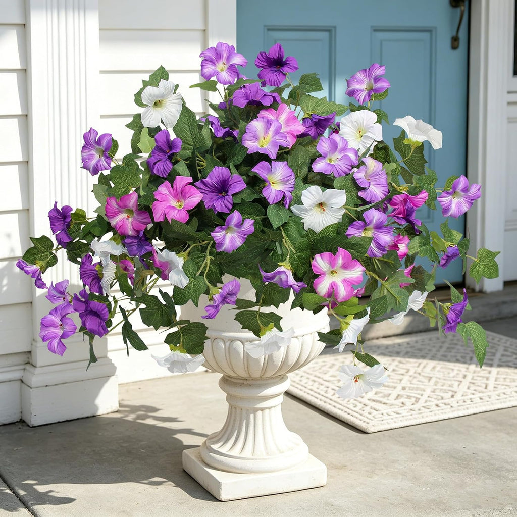 Artificial Fake Flowers Plants for Outdoor UV Resistant, 2PCS Silk Faux Petunias No Fade Summer for Outside Planter Front Door Porch Yard Patio Balcony Realistic Decoration Purple White