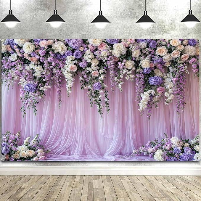 10x8ft Purple Lavender Floral Bridal Backdrop Wedding Flower Photography Backdrop for Girl Portrait Baby Shower Birthday Party Decor Banner Mother's Day Party Wall Backdrop Studio Photo Backgrounds