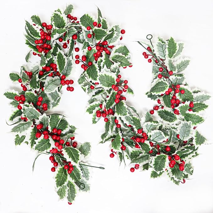 MAKHOT 6Ft Eucalyptus Garland, Green Leaves Wreath Vines Garlands Decorations, Artificial Red Berry Garland for Fireplace Gate Mantle Table Home Party Decor