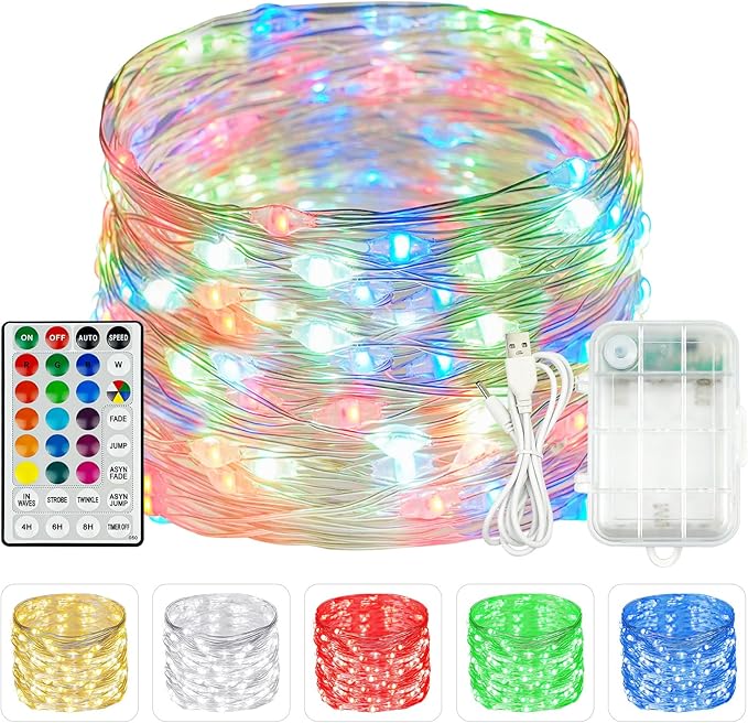 RGB Color Changing 33Ft 100LED Halloween Fairy Lights Battery Operated, Waterproof String Lights USB Powered with Timer for Indoor & Outdoor,18 Colors and Multicolor for Girl's Bedroom Christmas Decor