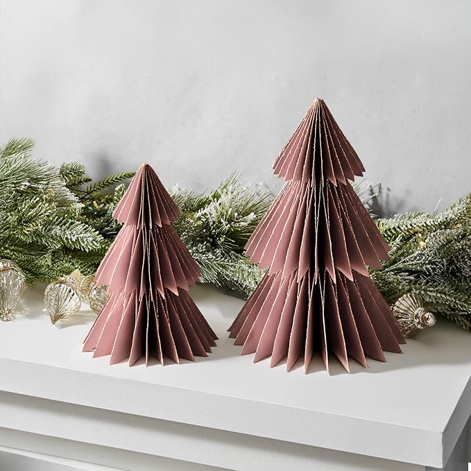 LampLust Pink Tree, 2 Pack Honeycomb Decorations, 6 & 8 Inch Paper Trees, Pink Decor, Winter Wonderland Decorations for Home Table Top Decor