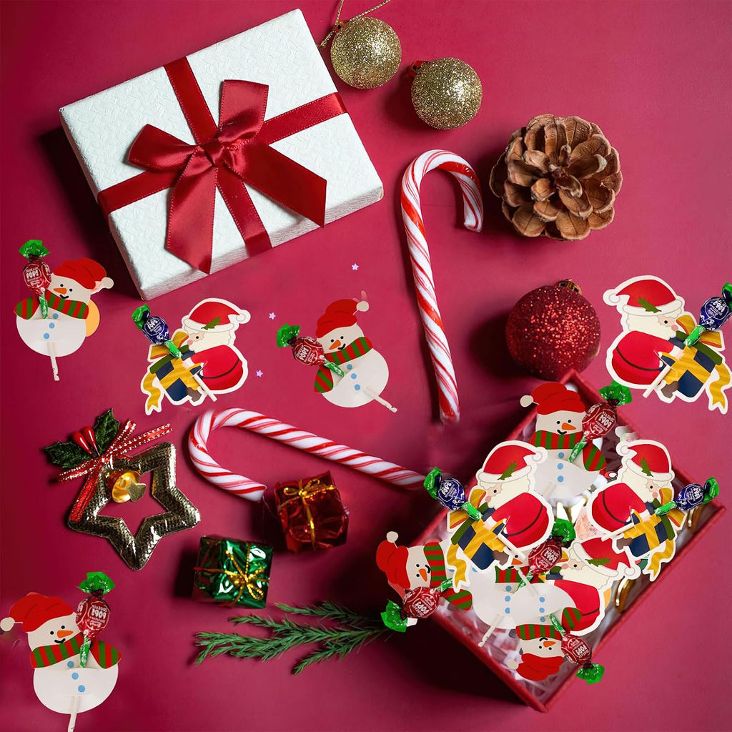 100 Pcs Christmas Lollipop Paper Cards DIY Santa and Snowman Cartoon Paper Candy Holders Lollipop Candy Holder Party Supplies Decorated