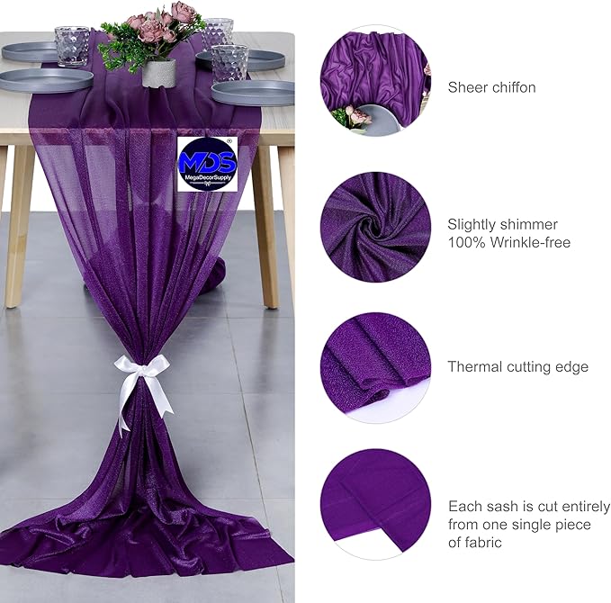 MDS 2 Pack 14ft Chiffon Table Runner 29 x 170 Inches Sheer Wedding Runner Romantic Rustic Table Runner for Wedding Decorations, Birthday Parties, Bridal Shower Party Arch Decor - Cadbury Purple