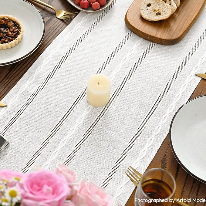 Artoid Mode Rustic Cotton Linen Table Runner, Seasonal Embroidered Hollow Kitchen Dining Table Decoration for Home Party Decor 13x60 Inch