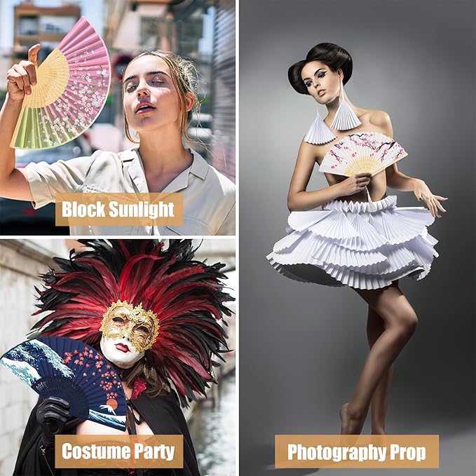 WEARXI Handheld Fan, 4 PCS Hand Fan, Chinese Folding Fan for Women Foldable, Silk Bamboo Hand Held Fan, Paper Hand Fan