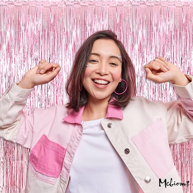4 Pack Pink Fringe Curtain Backdrop, 3.2Ft x 6.6Ft Metallic Tinsel Foil Fringe Streamers Background for Photo Booth Birthday Wedding Baby Shower Carnival Easter Mother’s Day Party Decorations