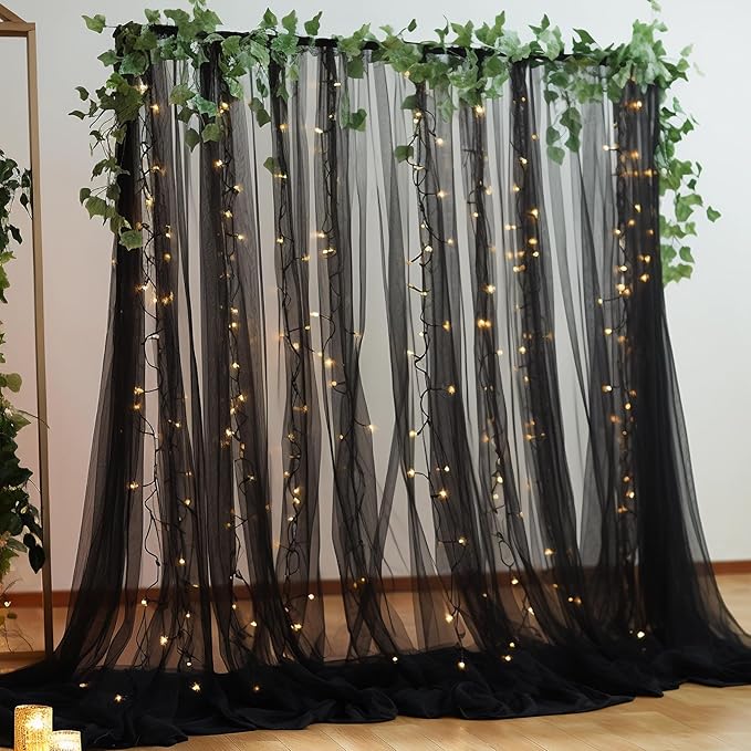 10×10ft Black Tulle Backdrop Curtain with Lights String for Parites, Sheer Photo Backdrop Curtains for Wedding Party Photography Background