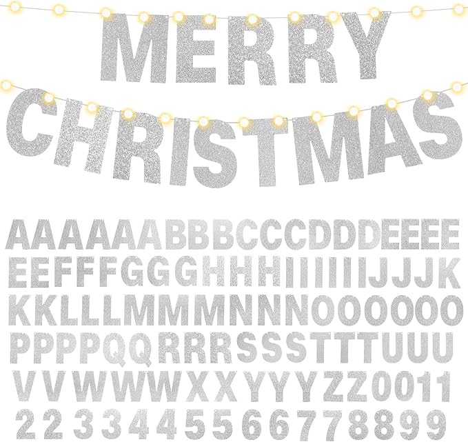 TaoBary 112 Pcs DIY Letter Kit Glitter Customizable Banner Letters Include 107 Letters and Numbers 3 Rope and 2 Needles for Birthday Halloween Christmas Wedding Valentine Party Decor(Silver)