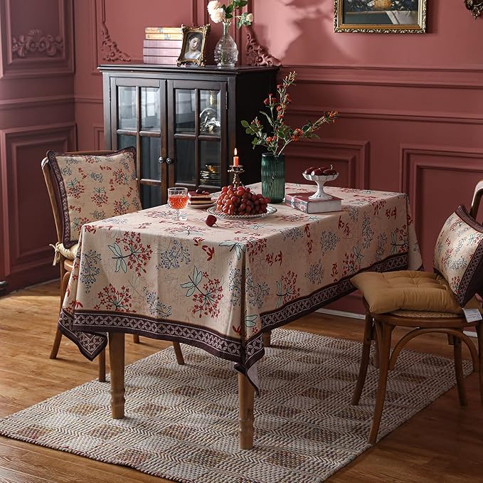 patdrea Designer French Linen Rectangular Table Cloth,Vintage Red Floral Fall Tablecloth,Breathable Dacorative Cover for Kitchen Dining,Tea Party,Christmas,Thanksgiving,Holiday,55"x87"-Newmari