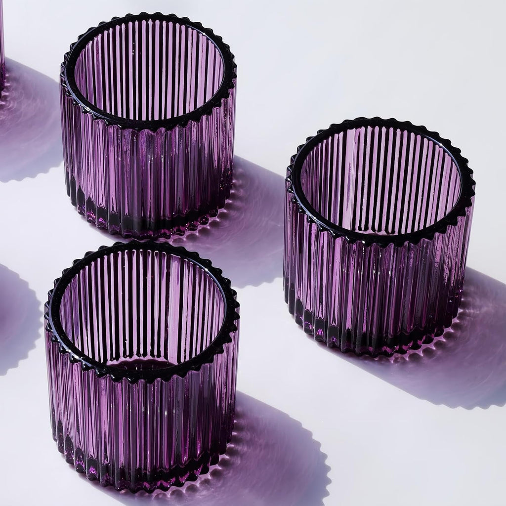 VOHO Large Votive Candle Holders for Table Centerpiece, 6pcs Purple Glass Ribbed Candle Holder for Halloween Decorations, Vintage Tealight Candle Holder for Baby Shower/Easter/Diwali(2.75"W x 2.56"H)