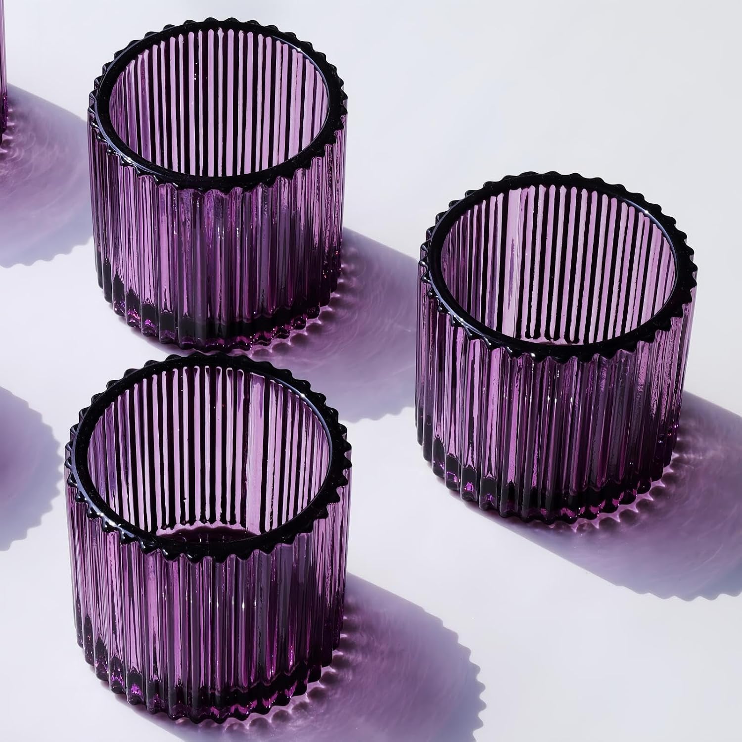 VOHO Large Votive Candle Holders for Table Centerpiece, 6pcs Purple Glass Ribbed Candle Holder for Halloween Decorations, Vintage Tealight Candle Holder for Baby Shower/Easter/Diwali(2.75"W x 2.56"H)