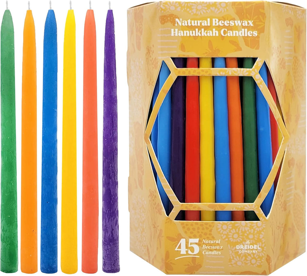 The Dreidel Company Dripless Hanukkah Candles Multicolored Beeswax, Hand-Made Striped Deluxe Tapered Decorations, Chanukkah Menorah Candles for All 8 Nights of Chanukah (Multicolor Beeswax)