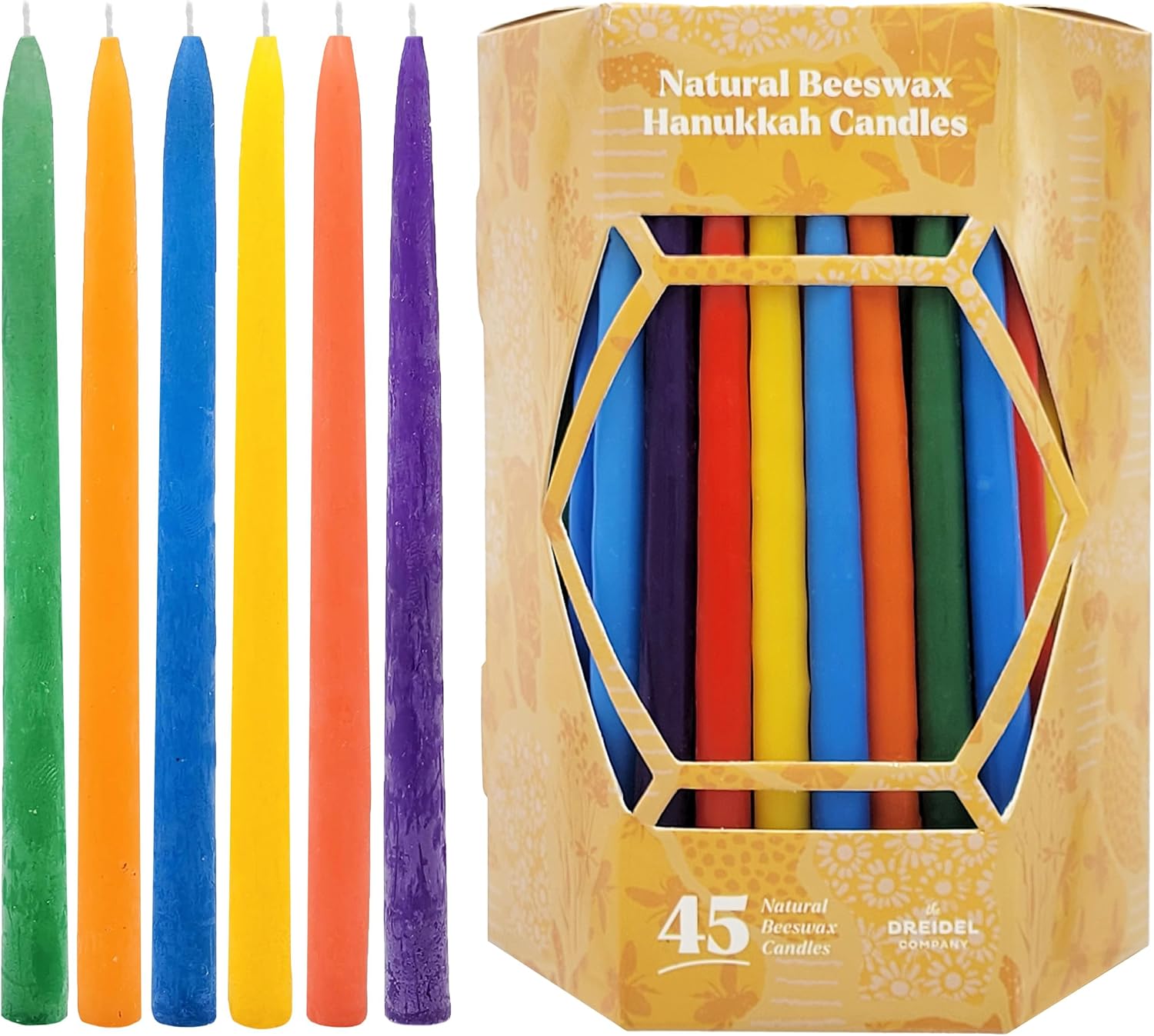 The Dreidel Company Dripless Hanukkah Candles Multicolored Beeswax, Hand-Made Striped Deluxe Tapered Decorations, Chanukkah Menorah Candles for All 8 Nights of Chanukah (Multicolor Beeswax)
