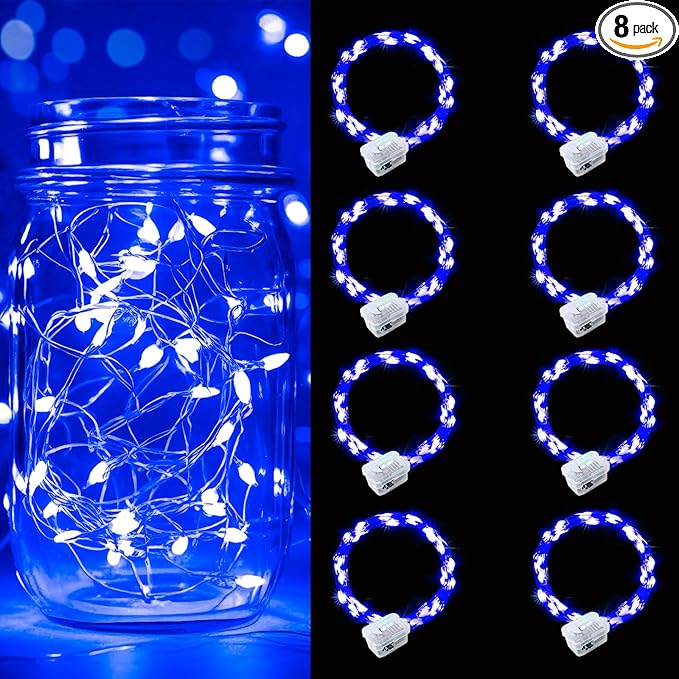 pozzolanas 8 Pack Blue Battery Operated String Lights - 7ft Waterproof Fairy Lights with 20 LEDs for Home, Mason Jar, Party, Wedding, Halloween, Christmas Decorations