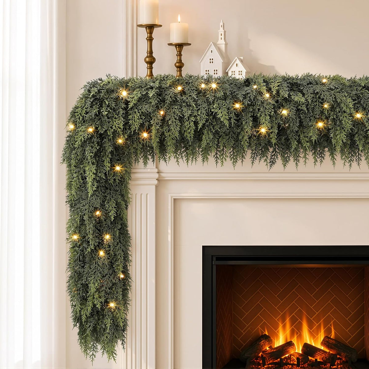 9ft pre-lit cedar christmas garland with lights, real, front angle view