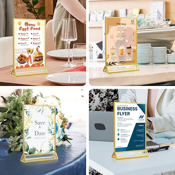 Acrylic Gold Sign Holders 4x6, 12 Pack Wedding Gold Table Number Holders, Double Sided Photo Display Picture Frame Paper Stand, Clear Flyer Stand Menu Holder for Wedding, Home, Party, Restaurant