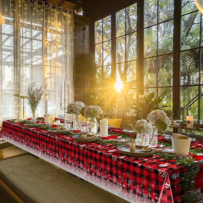 3Pcs Christmas Buffalo Plaid Snowflake Tablecloths,Plastic Red and Black Checkered Rectangle Christmas Tree Color Ball Table Cover for Winter Christmas New Year Holiday Party Decorations,54x108 inch