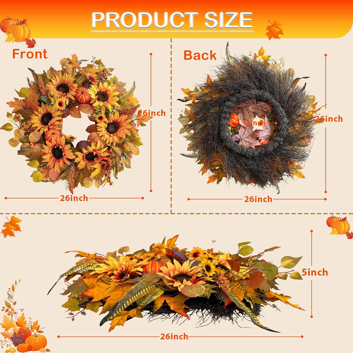 Fall Wreaths for Front Door, 26 Inch Autumn Harvest Wreath with Sunflowers, L...