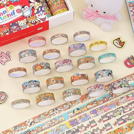 24 Rolls Colorful Cute Cartoon Animal Writable Washi Tape Set, Decorative Tapes for Scrapbooking and Journaling, Junk Journal Supplies, Bullet Journaling for Women Girl 8-15mm Wide 9.84ft Long/Roll