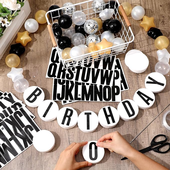 Giant Friendship Bracelet Garland Kit, DIY Birthday Banner with Letters Ball Jumbo Customizable Friendship Bracelet Decor for Halloween Christmas Wedding Party(Black, Gold, White)
