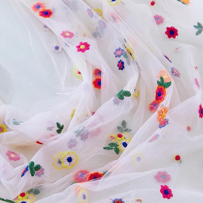 JIALE Pink Floral Table Runner, Embroidery Daisy Seasonal Table Decorations, 120Inch 10FT Tulle Fabric for Home Decor, Bridal Shower Wedding, Baby Shower Parties, DIY Craft