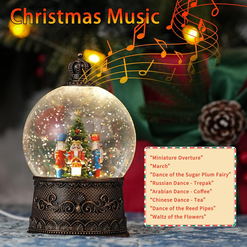 Snow Globe with Nutcrackers, Light Up Christmas Snow Globes with Music Timer - USB Plug or Battery Operated Glitter Globe Indoor Christmas Decorations