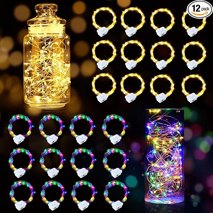 pozzolanas 24 Pack 7ft Waterproof LED Fairy Lights - Battery Operated String Lights with 20 LEDs for Home, Mason Jar, Party, Wedding, Halloween, Christmas Decorations (12 Multicolor & 12 Warm White)