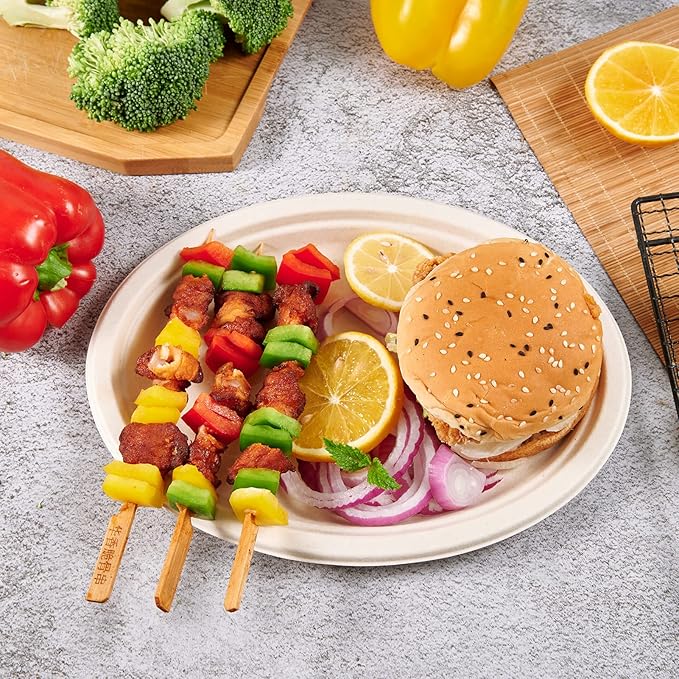 Vplus 100% Compostable Oval Paper Plates 12 inch 120 Pack Super Strong Disposable Dinner Plates Natural Biodegradable Eco-Friendly Sugarcane Plates for BBQ, Party, Gathering, and Picnic
