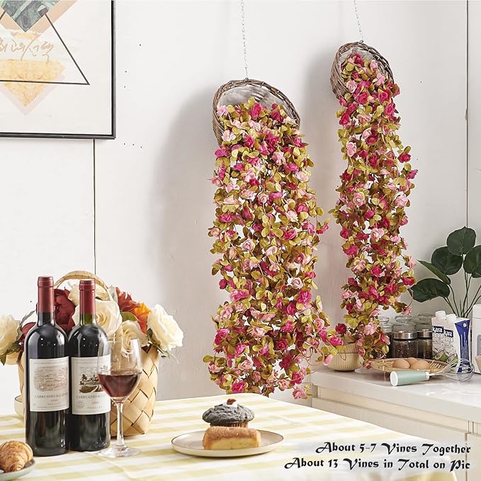 8 Pcs x 8.2 ft Flower Garland Artificial Rose Vine Flowers with Green Leaves Hanging Fake Roses Vine for Room Party Home Wedding Birthday Christmas Wall Arch Decor, Fall Purple Flower