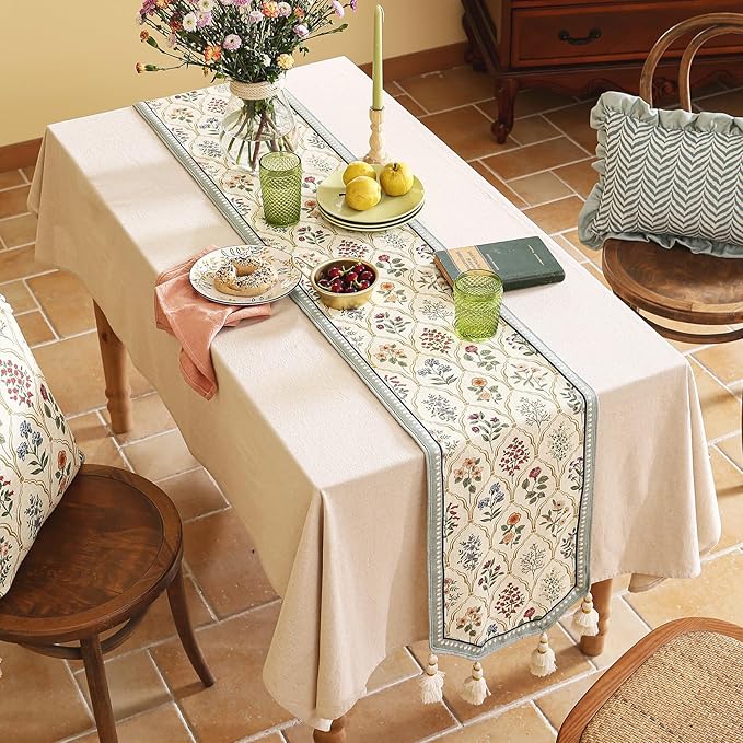 ISAENNE Designer Vintage Elegant Linen Table Runner 102 Inches Long,Colorful Wildflower Pattern Runner,Decor Table Runners for Dining Tables,Thanksgiving,Christmas,Banquet,12"*102"-Serenity B