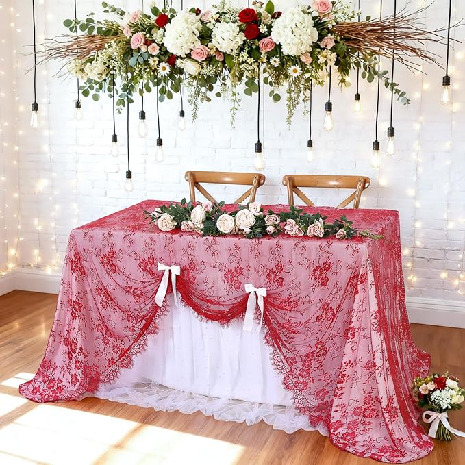 LuoluoHouse Red Tablecloth Christmas Lace Table Fabric 2pcs 60x120 Inch for Birthday Rustic Wedding Bridal Shower Party Decoration Rectangle Overlay Vintage Embroidered Reception Table Cloth Decor
