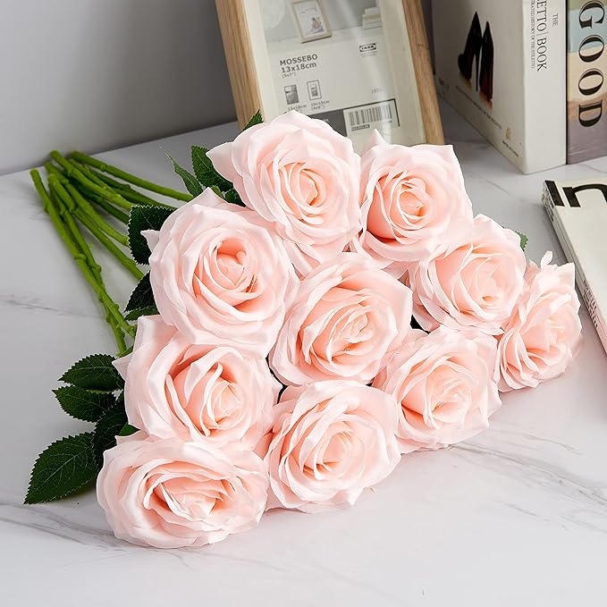 Artificial Rose 10pcs Open Flower Bouquet Faux Rose Stems for Wedding Arrangement, Bridal Bouquet, Centerpiece, Fake Faux Silk Flowers (Blush)