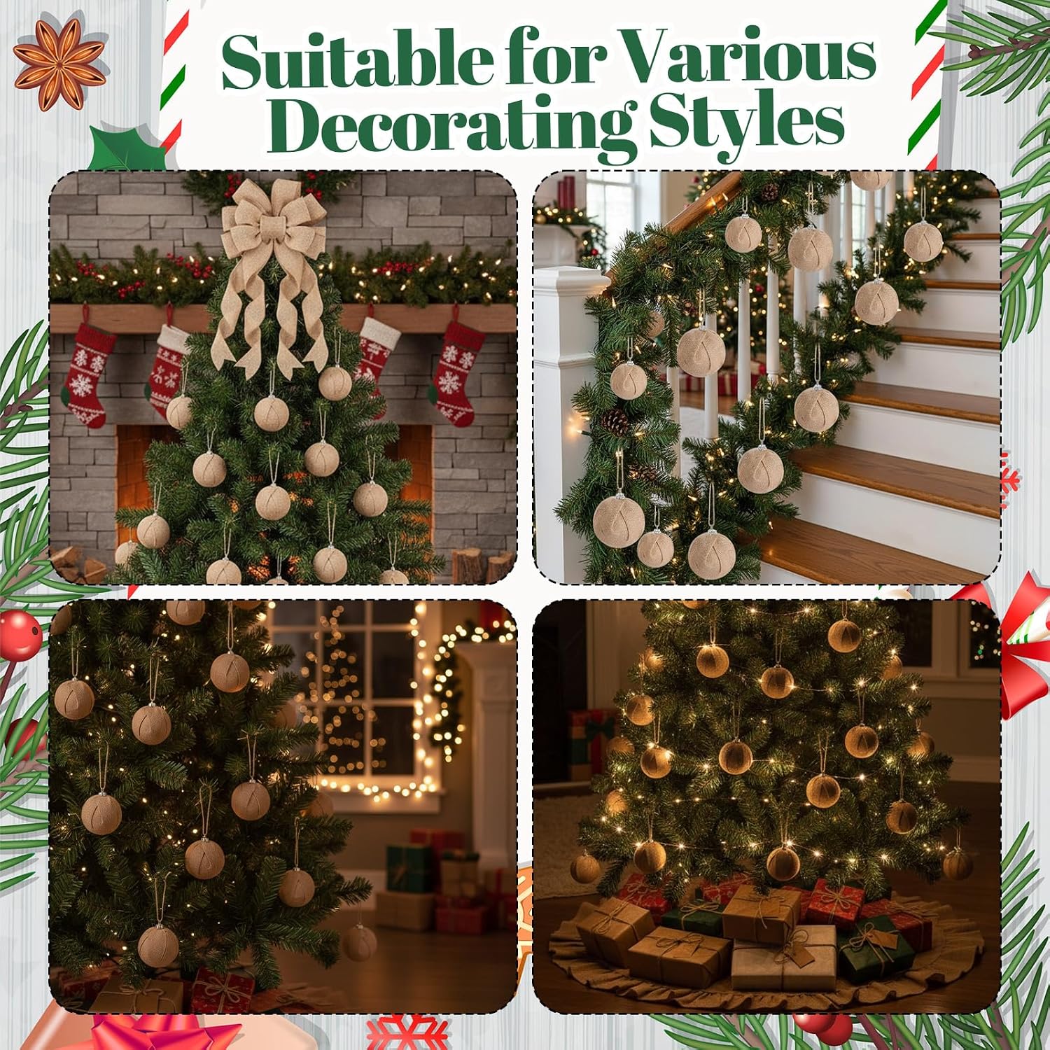 Syhood Christmas Tree Burlap Decorations 12 x 33 Inch Christmas Tree Topper Decorative Big Hanging Bow, 16 Pcs Burlap Xmas Ball Ornaments and 40 Inch Double Layer Skirt(Linen)