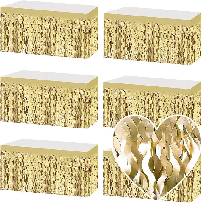6 Pack 29x108 Inch Light Gold Wave Foil Fringe Table Skirts Metallic Banner for Tinsel Streamer Garland Backdrop for Parade Floats Wedding, Mother's Day, Birthday Mardi Gras Party Decorations