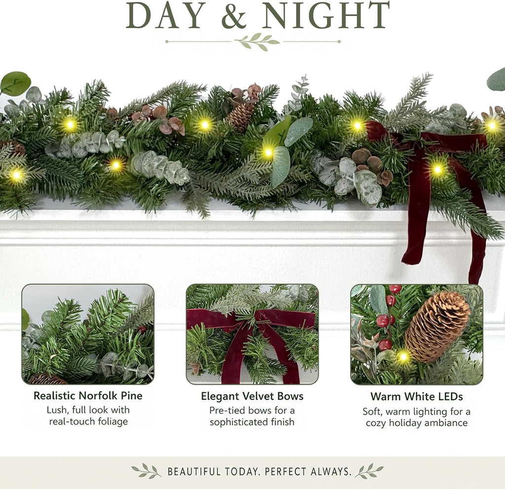 wanna-cul 6ft christmas garland with lights burgundy ribbon, front angle view