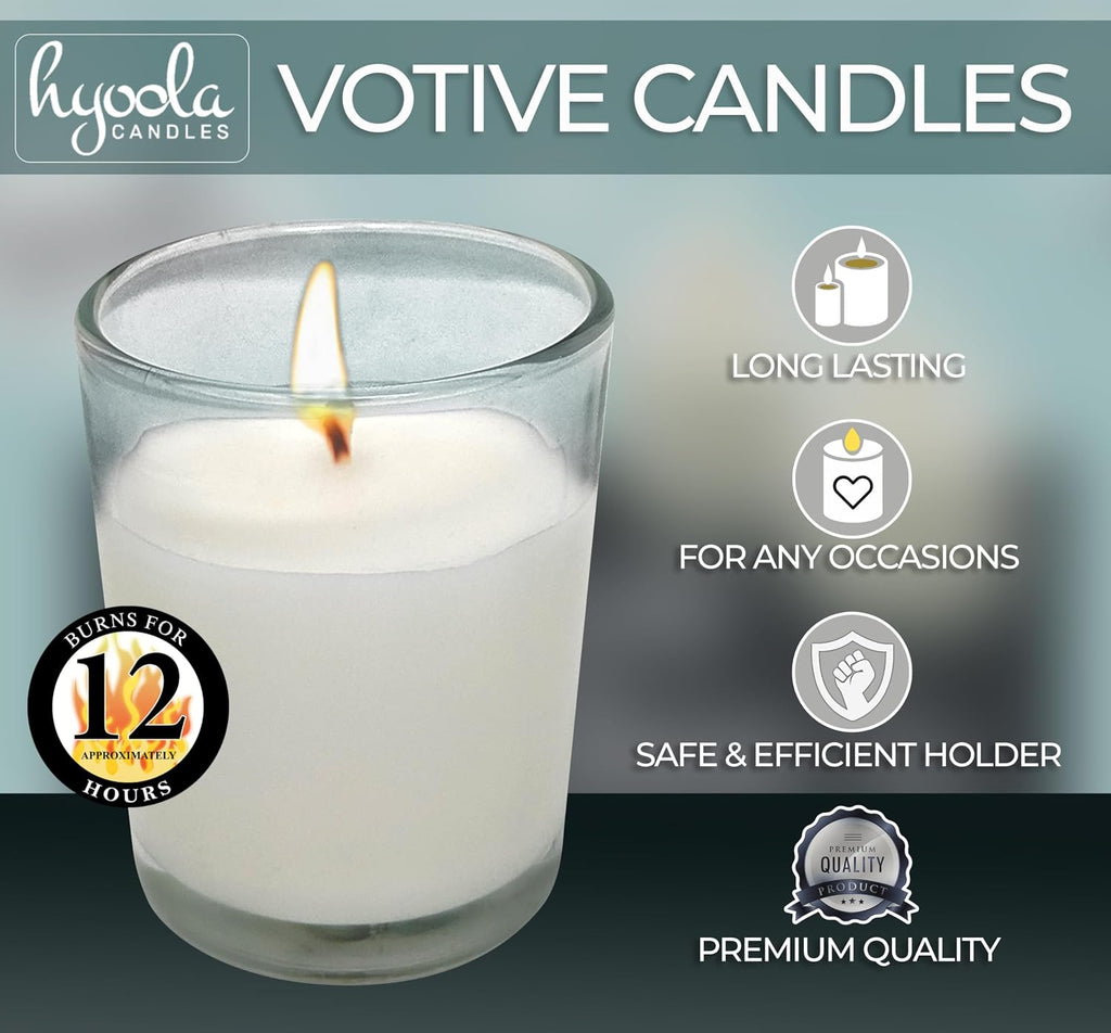 Hyoola White Votive Candles in Glass - Pack of 12 Votive Candle - 12 Hour Burn Time - Unscented Votive Candles - European Made Glass Votives