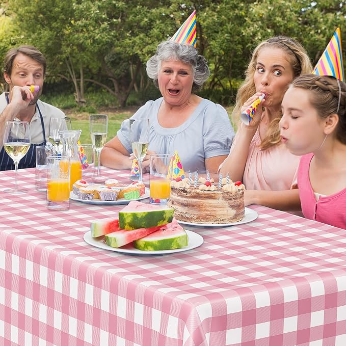 12Pack Table Cloth Rectangle Table, 54" x 108" Plastic Table Cloth Disposable, Waterproof Pink and White Checkered Table Cover for Outdoor Picnic Birthday Party Supplies Gathering BBQ Holiday Dinner