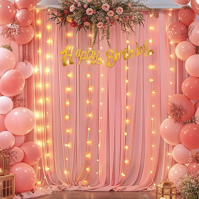 10ft x 7ft Dusty Rose Chiffon Backdrop Curtain with Lights String for Parites Wedding Wrinkle Free Curtain Photo Backdrops Drapes for Baby Shower Birthday Party Home Decorations