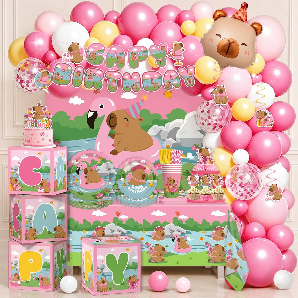 pink capybara birthday party decorations balloon arch set, main product view