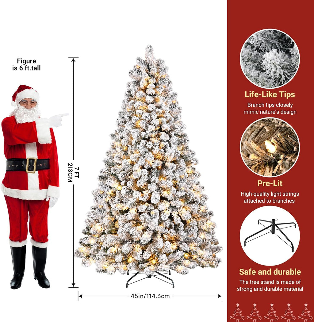 shareconn 7ft snow flocked spruce pre-lit artificial christmas shown in use