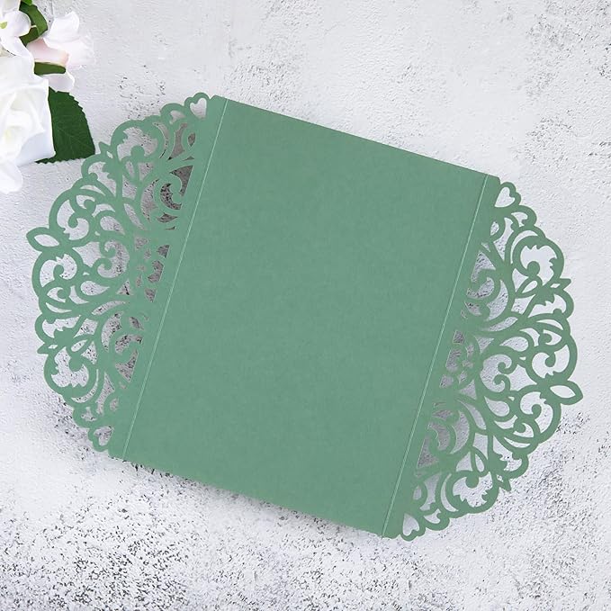20Pcs Sage Green Laser Cut Invitation Cards With Blank Inner Sheets for Wedding Cards Bridal Shower Engagement Quinceanera Invitation (No Envelopes)
