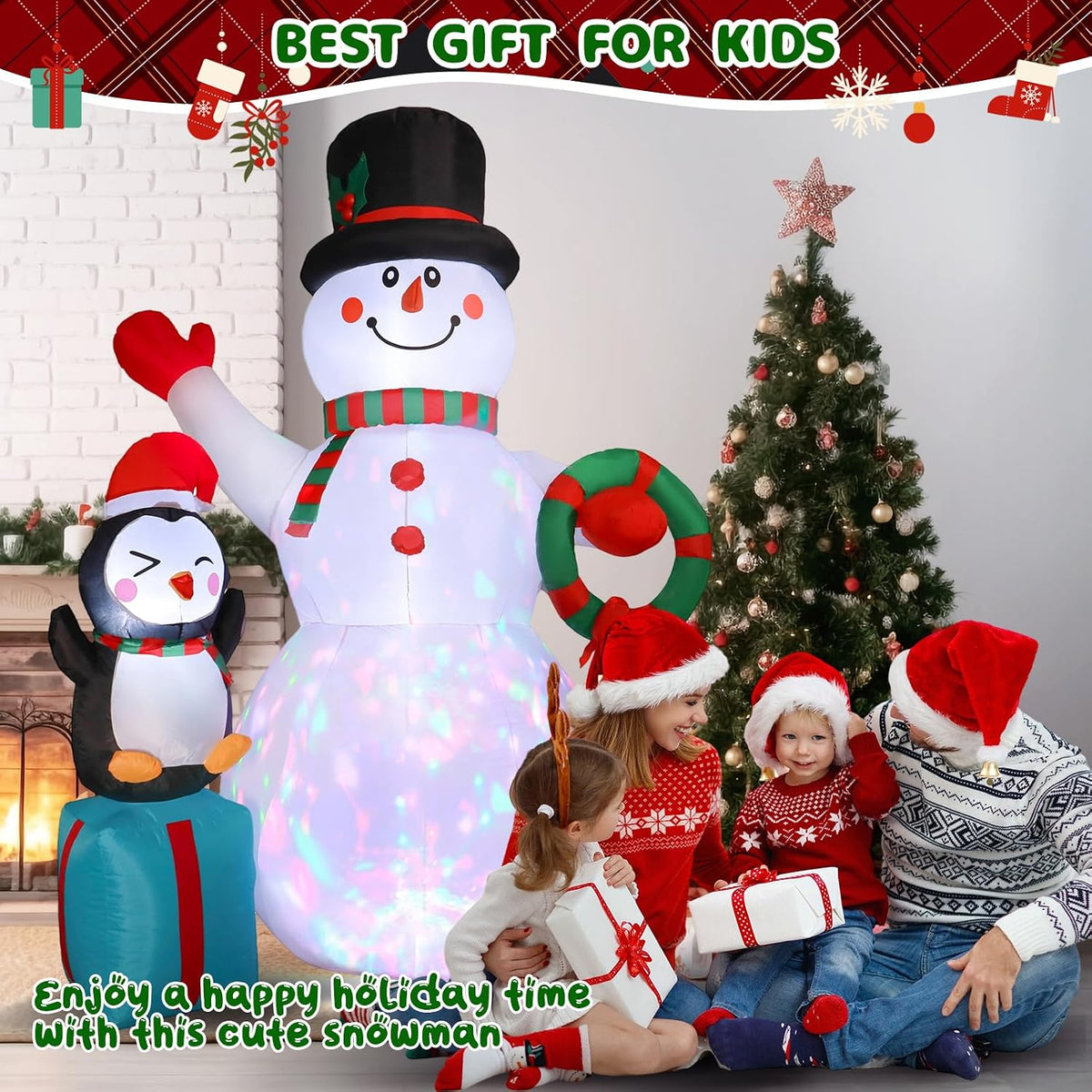 7ft christmas snowman inflatables decoration with led lights, close-up detail