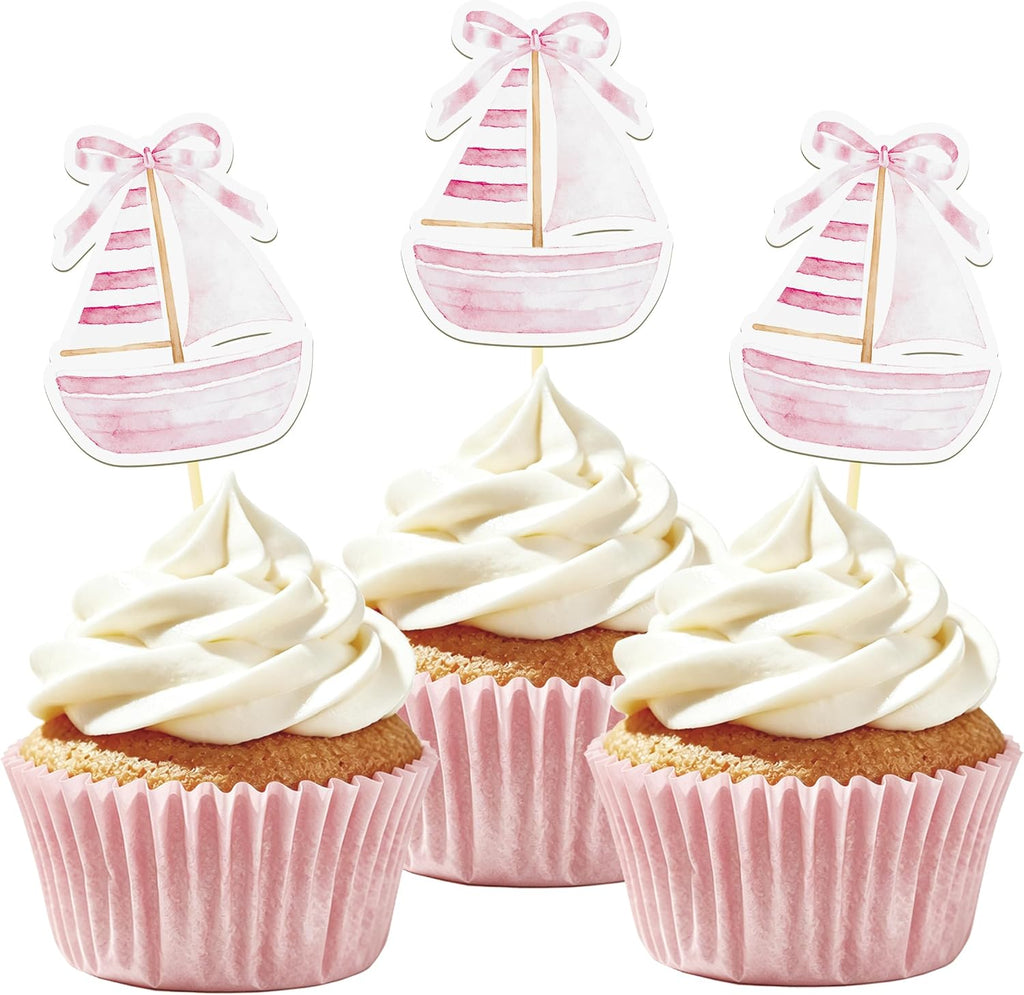 24 Pcs Sailboat Cupcake Toppers, Nautical Cupcake Toppers (pink) | Food Fruit Picks for Decoration Party Favors
