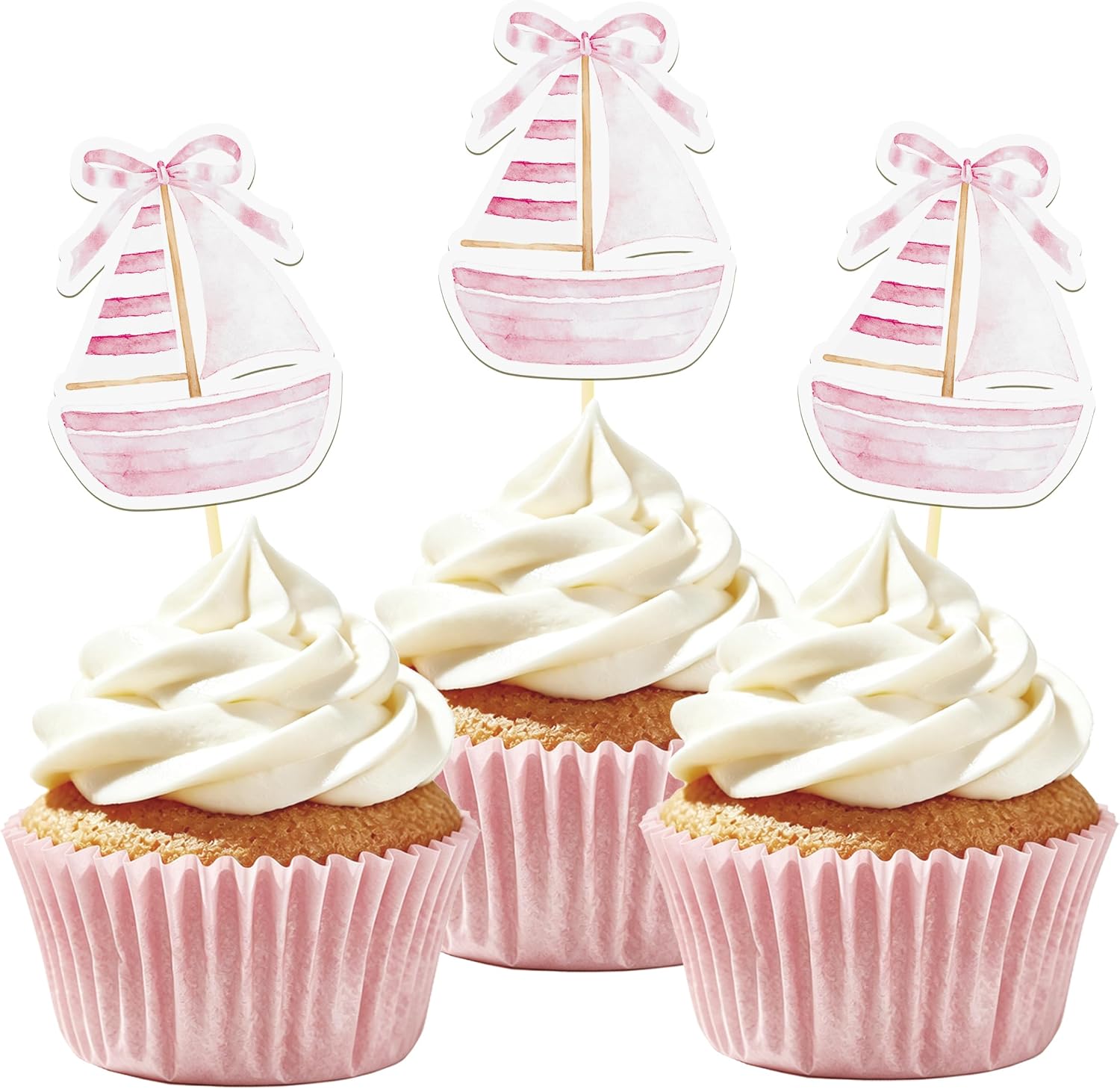 24 Pcs Sailboat Cupcake Toppers, Nautical Cupcake Toppers (pink) | Food Fruit Picks for Decoration Party Favors