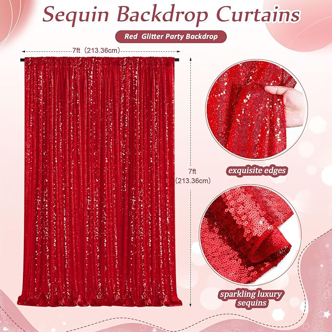 Red Sequin Backdrop Curtain 7ft x 7ft Background Drapes for Birthday Wedding Valentines Day Wall Decorations