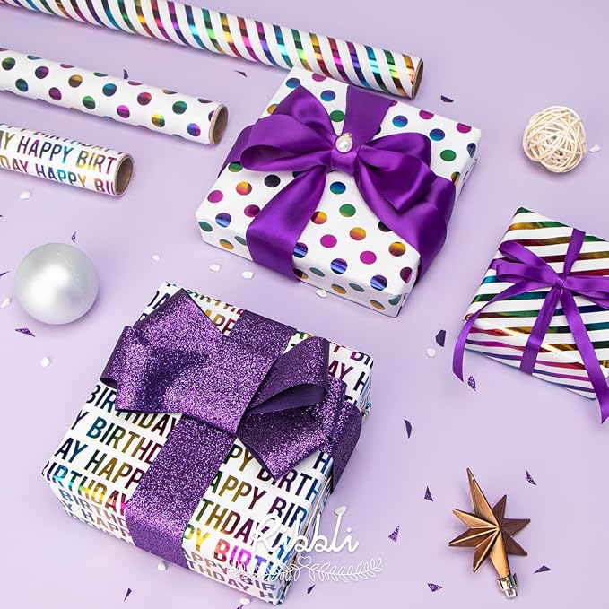 Ribbli Birthday Wrapping Paper 30 Inch Iridescent Gift Wrapping Paper 4 Rolls Happy Birthday Polka Dots Stripes Stars Printed Assortment -120 inch(10feet) Per Roll