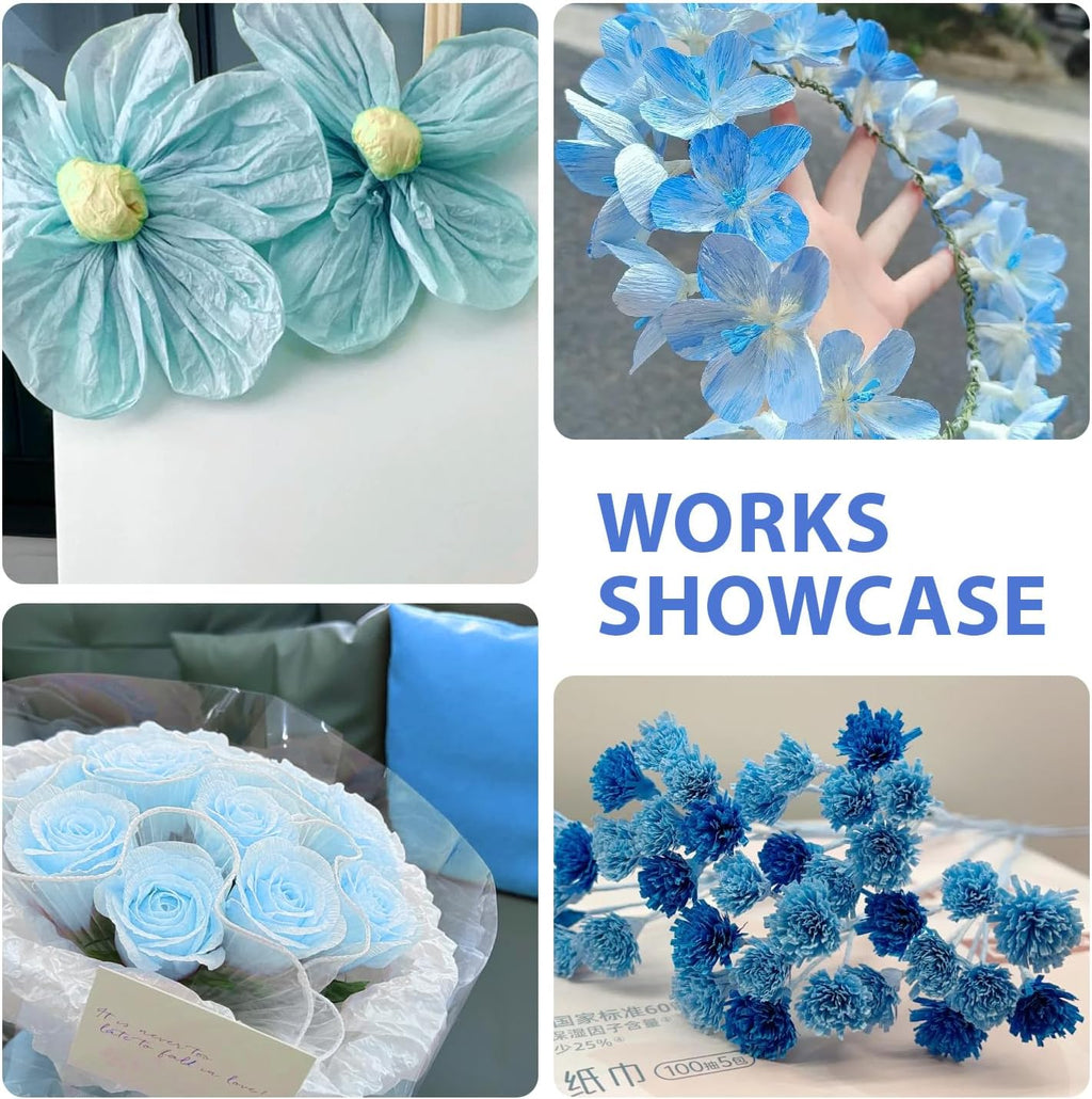 6 Rolls Crepe Paper Streamers, 10 Inch x 8 Feet (Blue) | Flower Making Kits With Floral Tape and Stem Wire for Birthday Party Wedding
